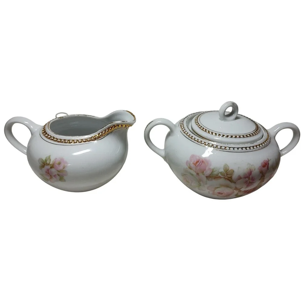 Antique PK Silesia Creamer and Covered Sugar Bowl Floral Rose Gold‎ Trim Poland